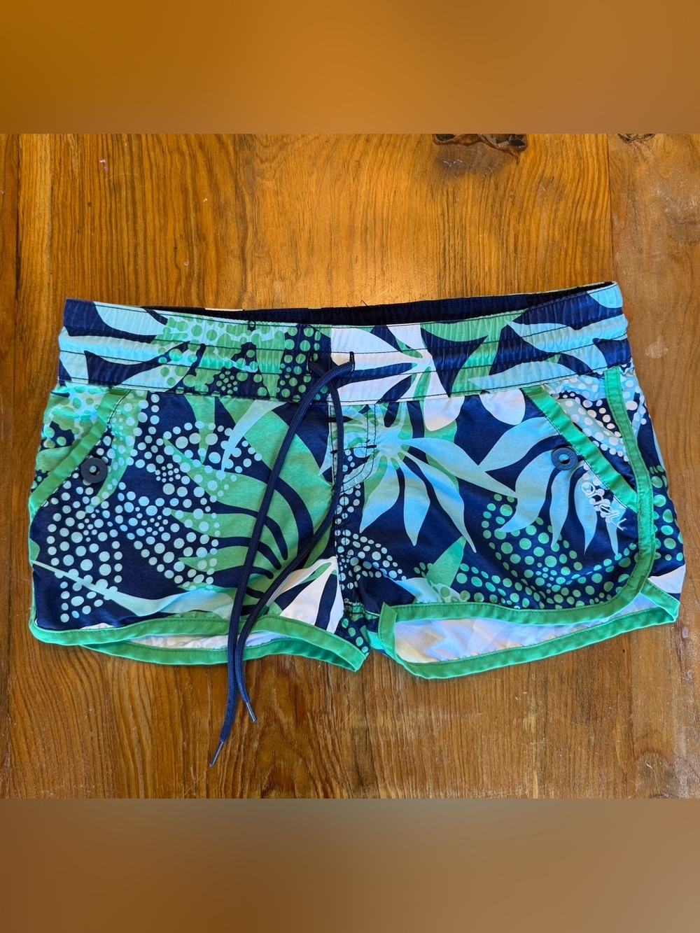 Vintage Y2K O’Neill Tropical Print Low Rise Board Shorts, Blue & Green, Small